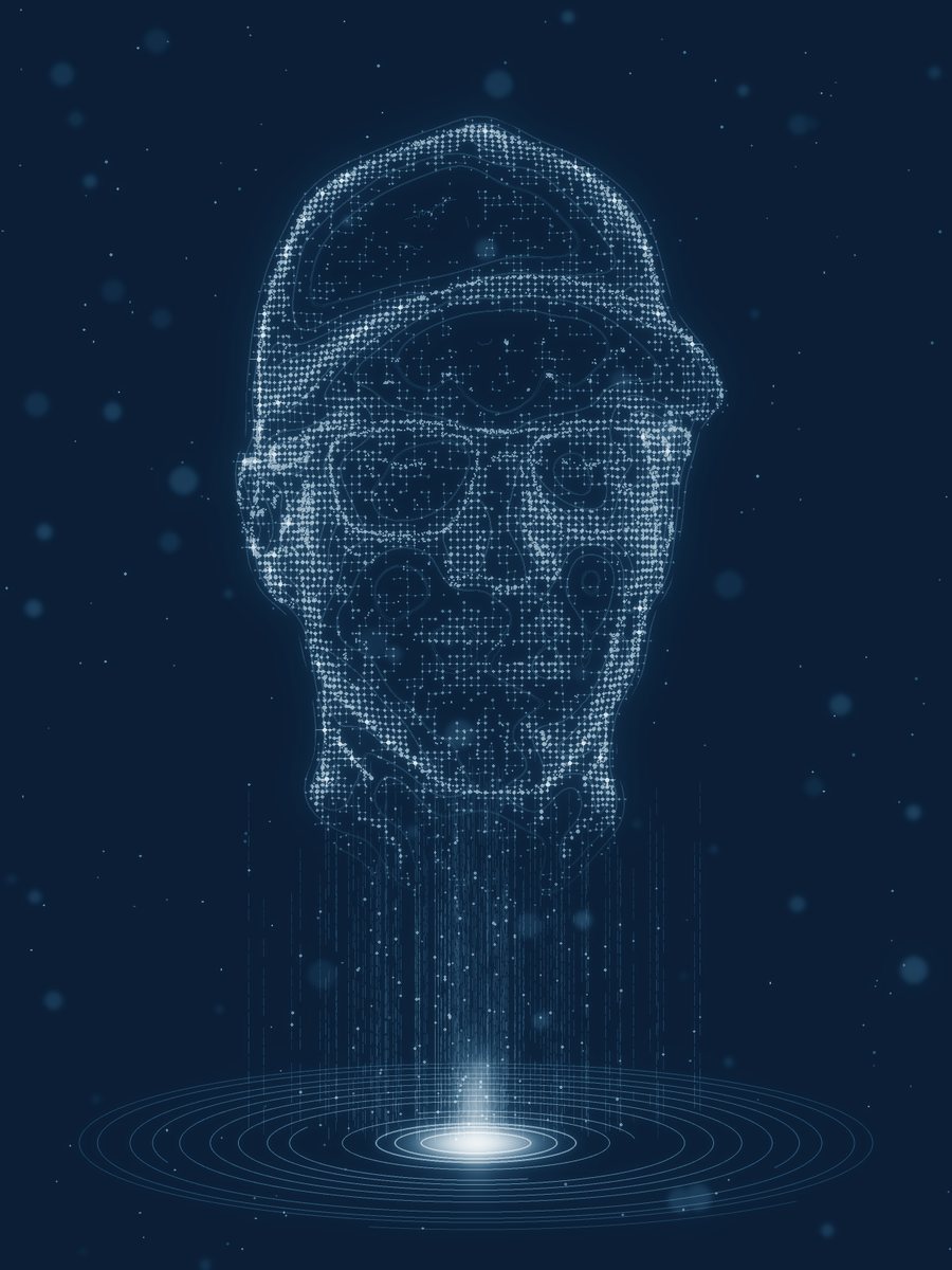 Hologram-style portrait in a cap and glasses